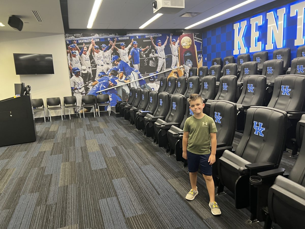 At a baseball team theater room